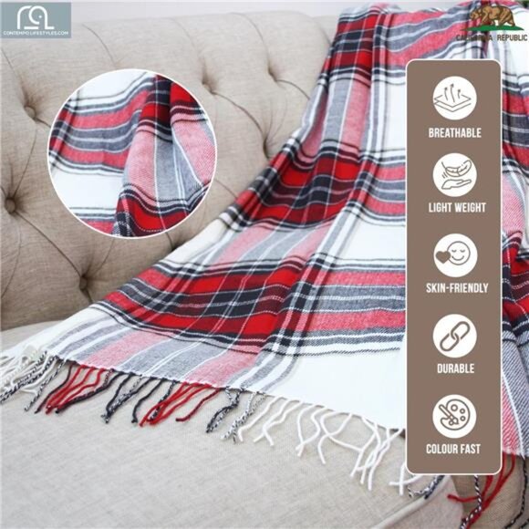 Plaid Throw Blanket Lightweight Soft Decorative Couch Blanket Indoor Outdoor - Picture 4 of 7